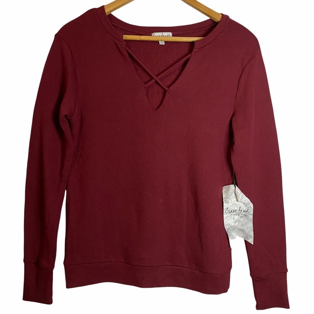 Crave Fame Burgundy Knit Long Sleeve V Neck Cotton Sweater Medium M